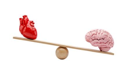 Red heart and pink brain on a wooden balance scale Isolated on transparent background