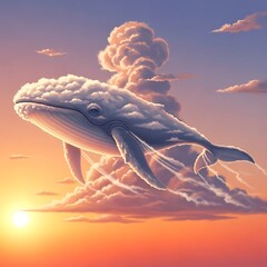 Majestic Sky Whale Floating Through Sunset Clouds &ndash; Surreal Dreamcore Fantasy Art