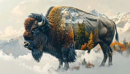 Composite image blending a majestic bison with a mountainous landscape. The bison's form is overlaid with trees and peaks
