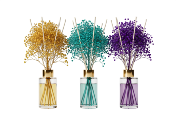 Three Colorful Flower Arrangements in Glass Vases Isolated on transparent background