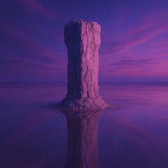 Desert Rock Pillar Violet Sea Tranquil Solitude Calm with Ethereal Sunset Atmosphere