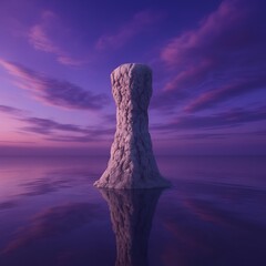 Rock Pillar Purple Ocean Calm Serene Peaceful Ethereal Majestic with Abstract Sunset Clouds Background
