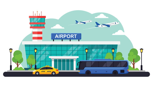 A colorful illustration depicts an airport terminal with planes and transportation