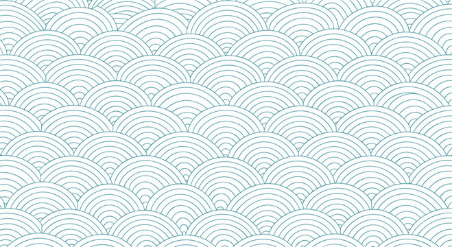 A seamless Japanese wave pattern background with thin blue-green lines on a white canvas creating a classic and minimal oriental design.