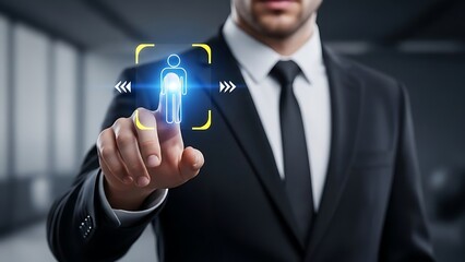 Businessman in suit interacting with digital human icon, futuristic technology and corporate concept