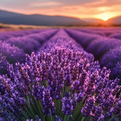 Obraz premium Rows of lavender bushes in a field