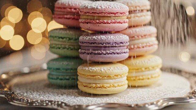 Colorful stacked macarons dessert with bokeh lights and decorative tray