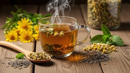 Fototapeta premium Steaming herbal tea with natural ingredients