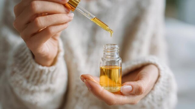 Female hands holding bottle of vitamin serum and pipette. Young woman applying essential oil. Girl holding dropper vial skin care product. Female applies oily pipette. Facial care cosmetics. Health.