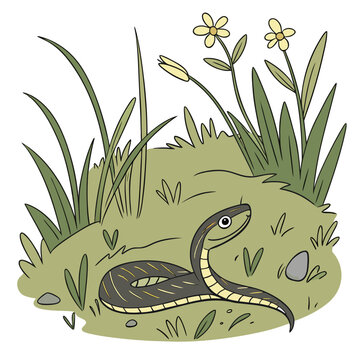 Cartoon snake in grass with flowers green