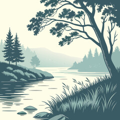 Serene lake scene with trees and mountains water grass © RUJINA