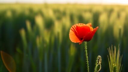 Obraz premium Vibrant red poppy flower standing tall in a lush green wheat field during sunset with soft focus background