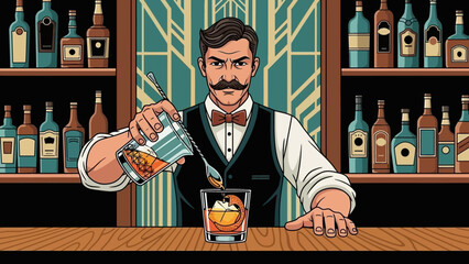 A professional waiter in a vintage suit serves red wine to a businessman sitting at a restaurant table with a glass of beverage