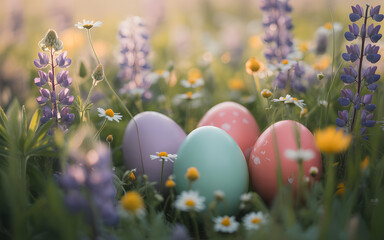Happy easter sunday eggs in blooming colorful garden on sunny day