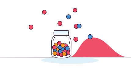 An animated illustration depicts colorful spheres interacting with a jar and a curved graph, symbolizing data visualization and statistical analysis in a clean, modern design.