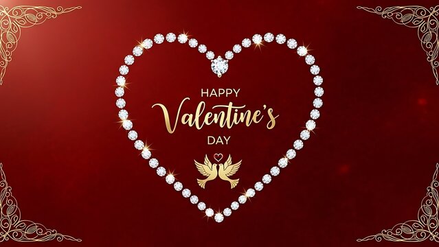 Happy valentines day celebration with heart shaped diamond necklace on red background