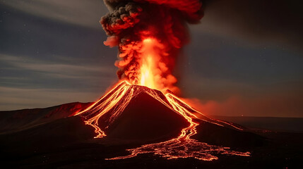 Dramatic nighttime volcano eruption with glowing lava flow