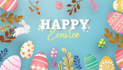 Easter banner or party invitation background with white bunny, colorful decorated eggs and golden branches in paper cut style. Blue background with happy easter typography © Klay