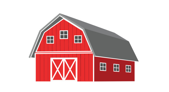 A classic red barn with a gray roof and white trim in a simple flat design style isolated on a clean white background.