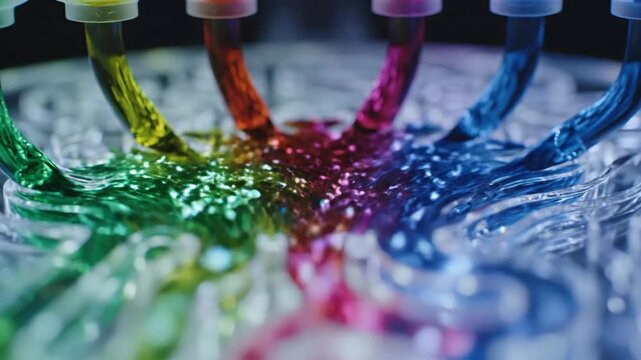 Colorful Fluids Flowing Through Microfluidic Chip