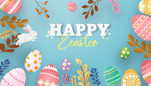 Easter banner or party invitation background with white bunny, colorful decorated eggs and golden branches in paper cut style. Blue background with happy easter typography