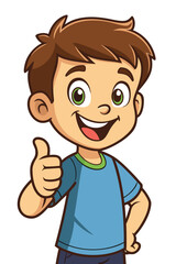Fototapeta premium A cheerful cartoon boy with brown hair and green eyes is giving a thumbs-up. He wears a blue shirt with a green collar and dark pants, smiling brightly against a plain white background.
