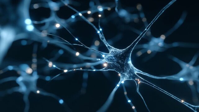 Ultra HD Abstract glowing blue neuron cell with electrical impulses and synapses, science and technology concept, dark background video
