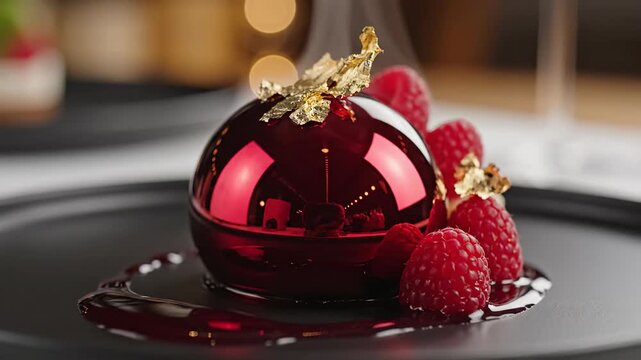 Gourmet dessert with raspberries and edible gold leaf on black plate