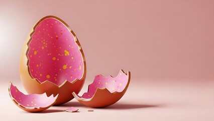 Pink eggshell fragments on pastel background with golden speckles
