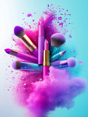 Set of professional makeup and brushes emerging from a vibrant explosion of colorful powder. Creative beauty concept.