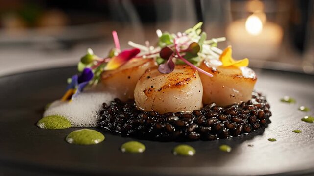 Gourmet dish of seared scallops on black rice with garnishes
