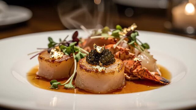 Gourmet dish on white plate with scallops and lobster tail under ambient lighting