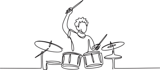 One single line drawing of young happy male drummer raise drumstick up while play drum set on music concert stage. Musician artist performance concept. one line Icon drawing