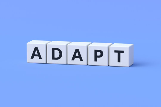 Adapt word on cubes. Fine-tuning of equipment. Adjusting settings. Modify strategy. Adaptation to climate change. Remodel the business structure. Improvement concept. 3d render