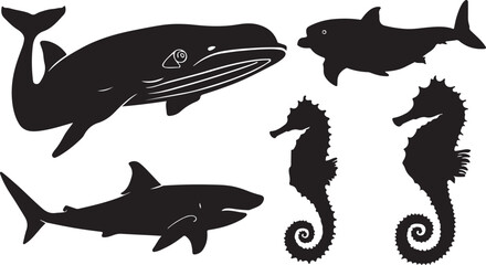 Fototapeta premium Five black silhouette illustrations of marine animals including a whale, a dolphin, a shark, and two seahorses on a white background