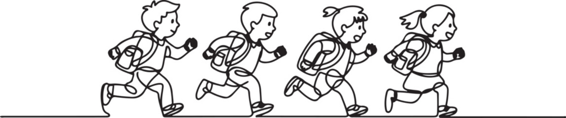 Fototapeta premium Single continuous line drawing elementary school students both boys and girls were running on the side of the road avoiding being late for school. one line Icon drawing