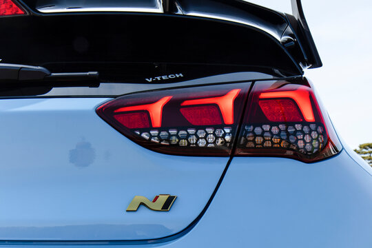 February 26, 2021, Seoul, South Korea - A close-up of the rear taillight and N logo on a Hyundai Veloster N DCT car.