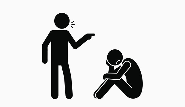 A figure pointing a weapon at another person who is huddled in distress