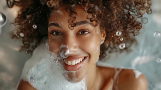 A cheerful girl with wet hair and foam on her face embodies the pleasure of water treatments, which would fit perfectly into the background of an advertisement for cosmetics or spa services.
