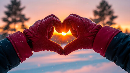 Gloved hands forming heart shape during sunset