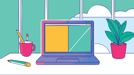 A vibrant illustration showcases a laptop on a desk, alongside a potted plant and stationery, creating a modern and inviting workspace with a bright, colorful aesthetic.