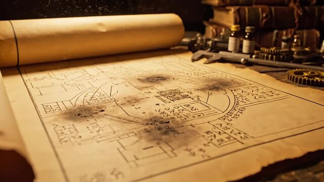 A rolled-up, aged blueprint with smudged markings and mechanical gears, showcasing intricate technical designs on a wooden desk.
