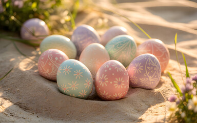 Happy easter sunday eggs in the sand with floral decorations