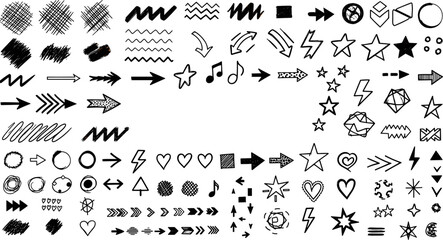 Obraz premium Hand drawn grunge doodle set, black ink sketch of arrows, hearts, stars, lightning bolts, musical notes and geometric shapes for creative design, isolated,