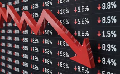 A prominent three dimensional red arrow dramatically falls across a digital black financial data screen displaying numerous negative percentage changes and downward indicators signifying a significant