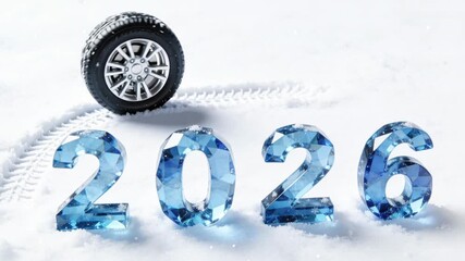 Blue crystal 3D numbers 2026 and a car tire with a track in the snow, a festive winter atmosphere. Christmas concept for tire shops, car dealerships, and auto repair services