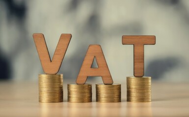 Wooden letters forming VAT stand atop stacks of golden coins on a light surface against a blurred background This studio shot meticulously depicts the concept of Value Added Tax financial economics an
