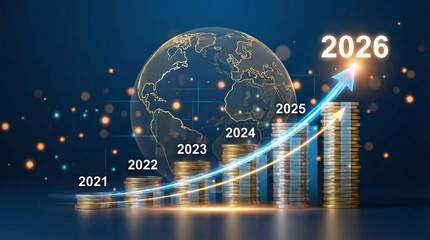 Global Economic Growth 2026 Concept with Earth and Rising Coin Stacks