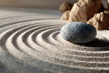 Japanese zen garden with stone in textured white san