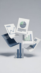 Business documents and charts floating.